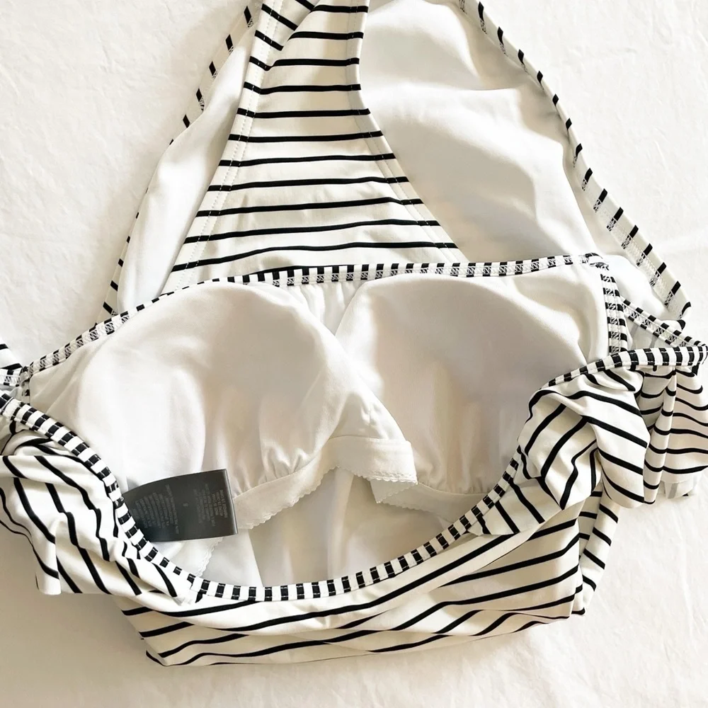 Vince Camino black and white‎ striped off-shoulder one piece swimsuit